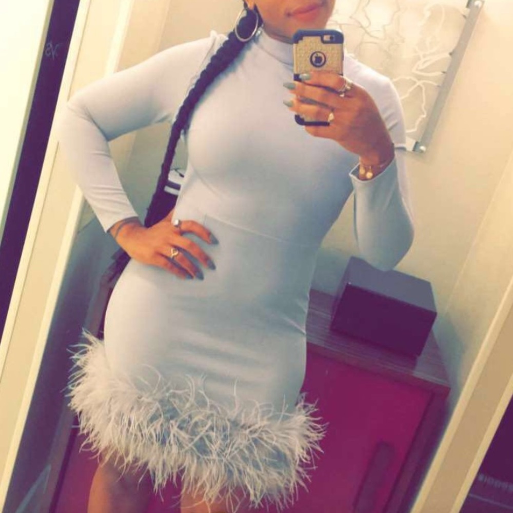Mock Turtleneck Feather Trim Holiday Dress